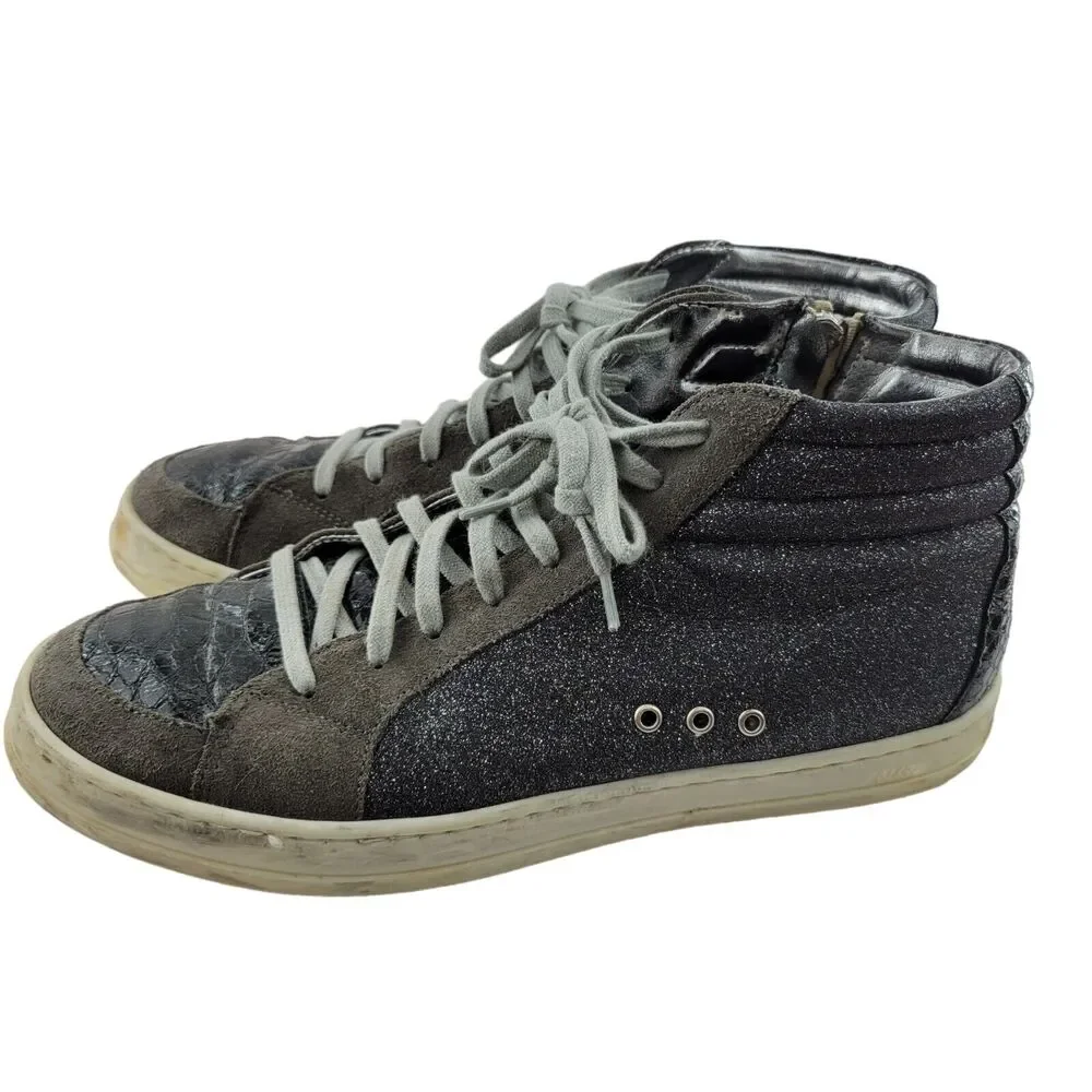 P448 Womens High Top Sneakers Size 40 9-9.5‎ Gray Suede Glitter Skate Shoes